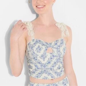 Blue and White Lace Tied Crop Top